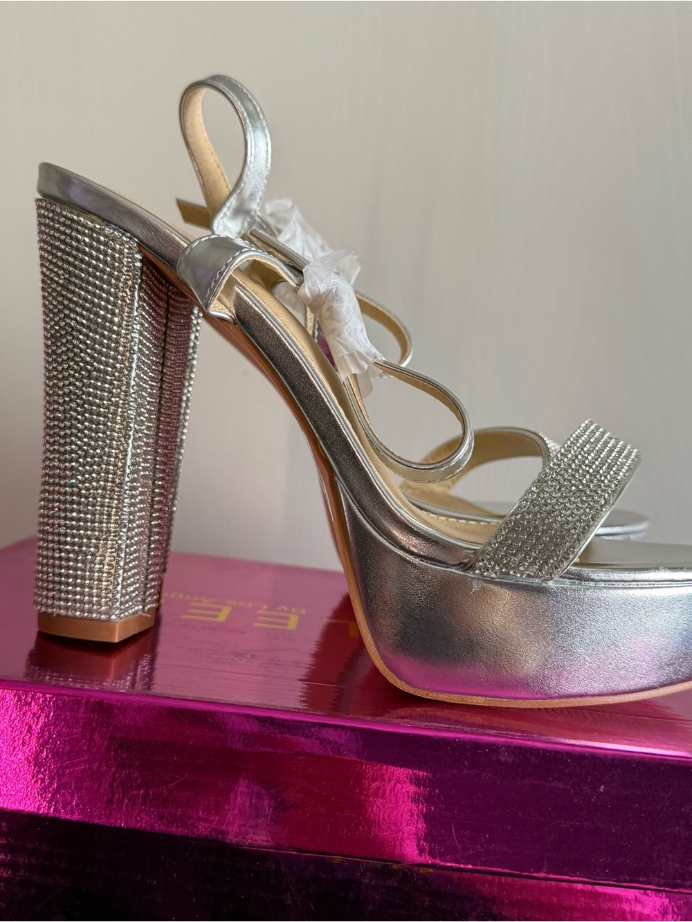 Silver Rhinestone Platform Block Heel Size 8.5